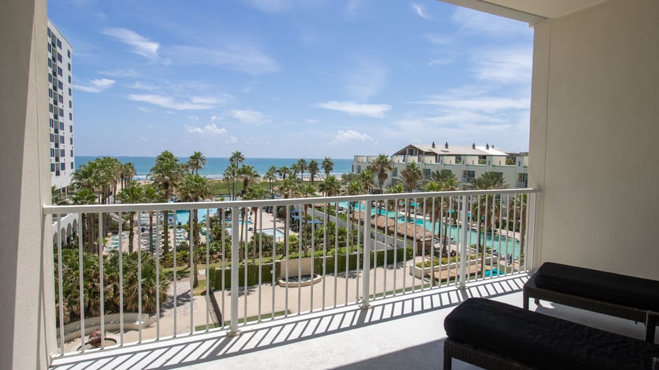 Your balcony overlooks the beautiful South Padre Island Beach and gorgeous Sapphire Resort grounds.