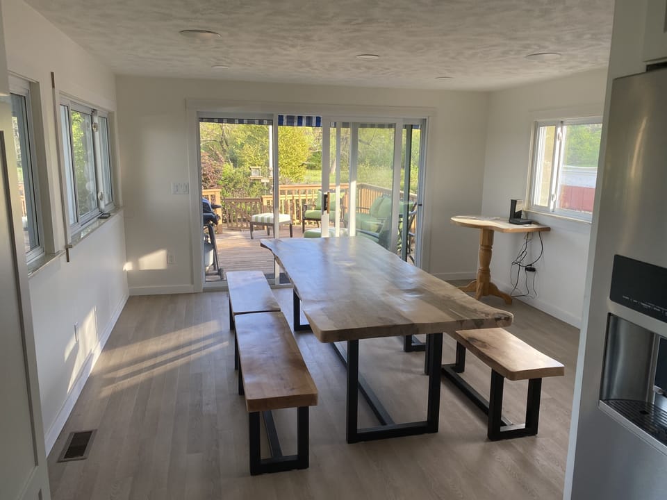 Dining room with deck in background