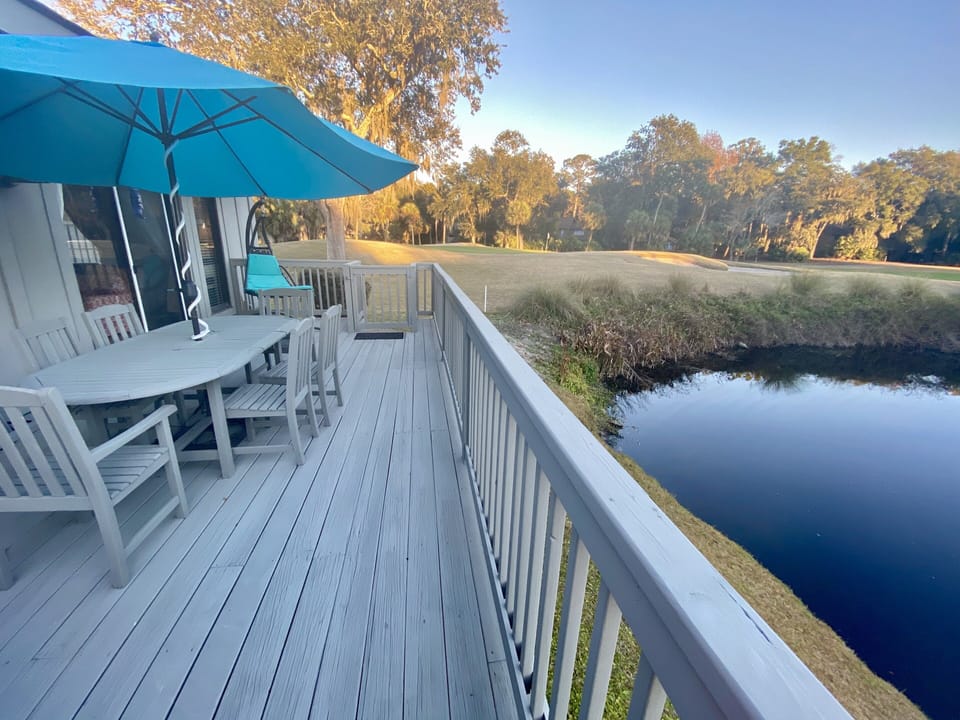Gated deck and views of lagoon and golf course from all rooms.
