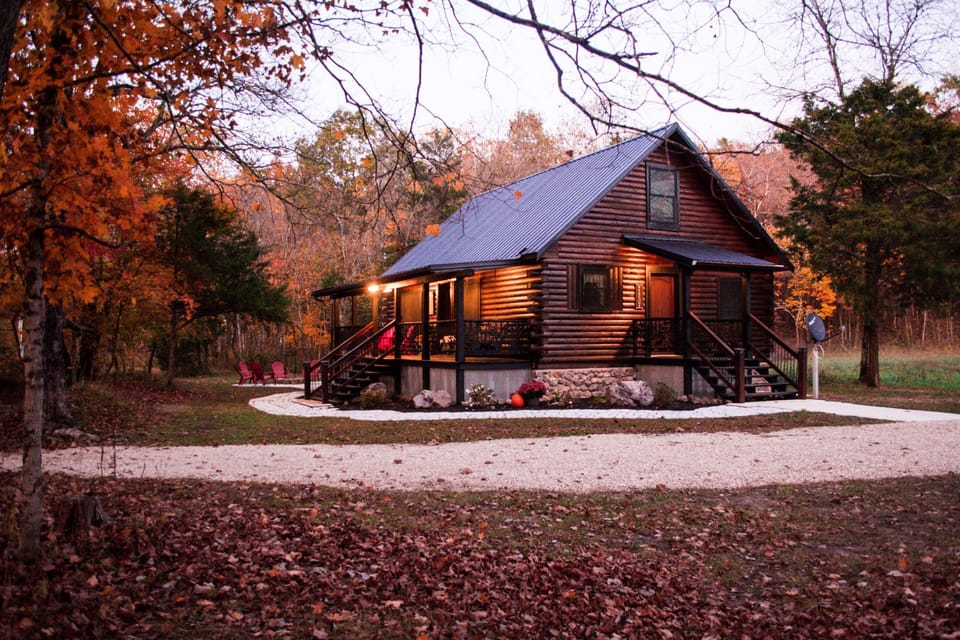 A fall evening in the warm glow of the porch lights and setting sun.