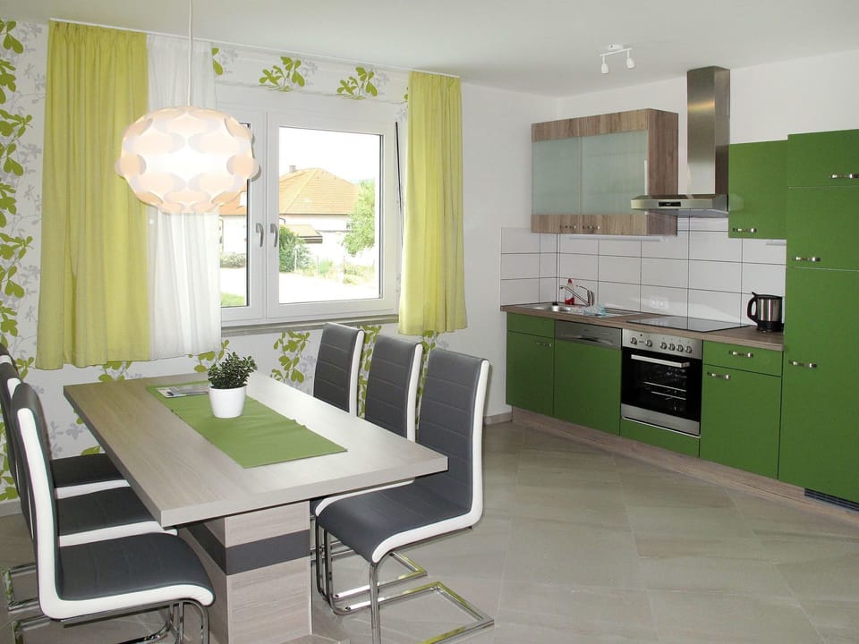 Green, Room, Furniture, Interior Design, Property, Floor, Building, Kitchen, Table, Wall