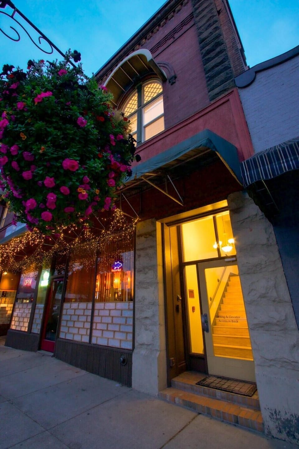 Main Street entrance. The private elevator and parking area are at the rear.