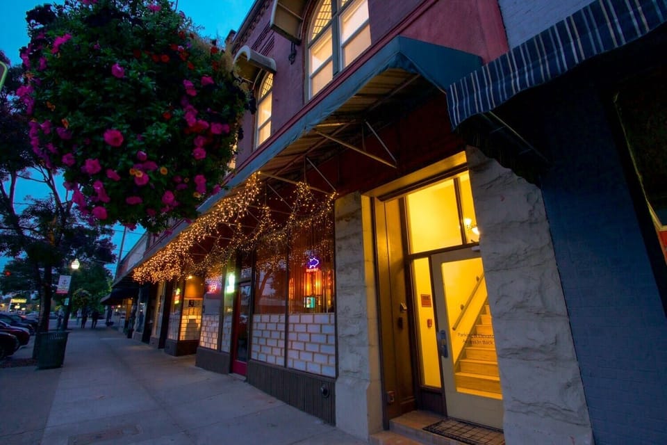 Main Street entrance. The private elevator and parking area are at the rear.
