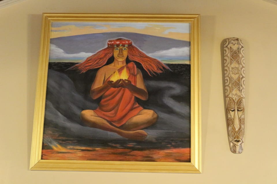 Display of "Madame Pele" (goddess of volcanoes and fire) in the great room