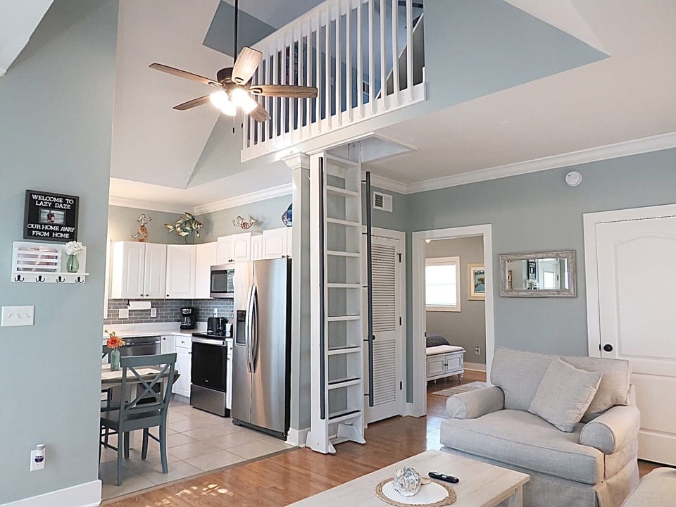 Ladder for loft swings out for easy climbing 