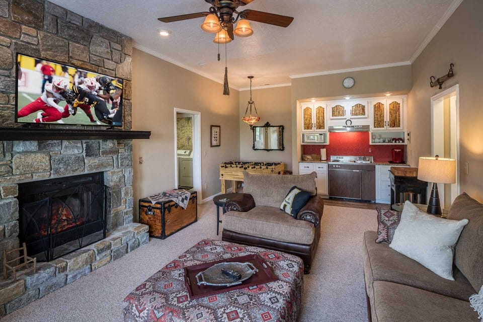 Lower level kitchenette with dining area and living area