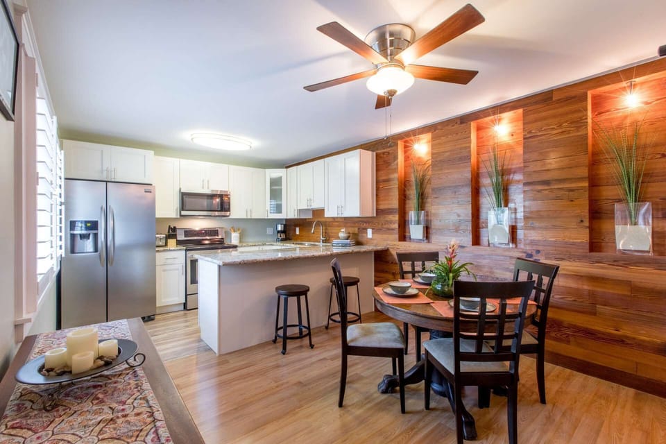 You'll find seating for four at the table and an additional two at the counter, ensuring ample dining options for your group.