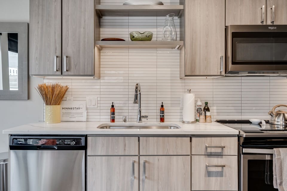 Escape the confines of a hotel in this upscale condo.