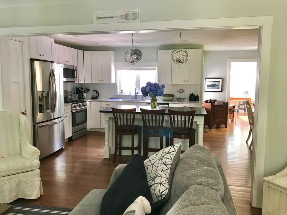 View from living room to kitchen - Island seats three 