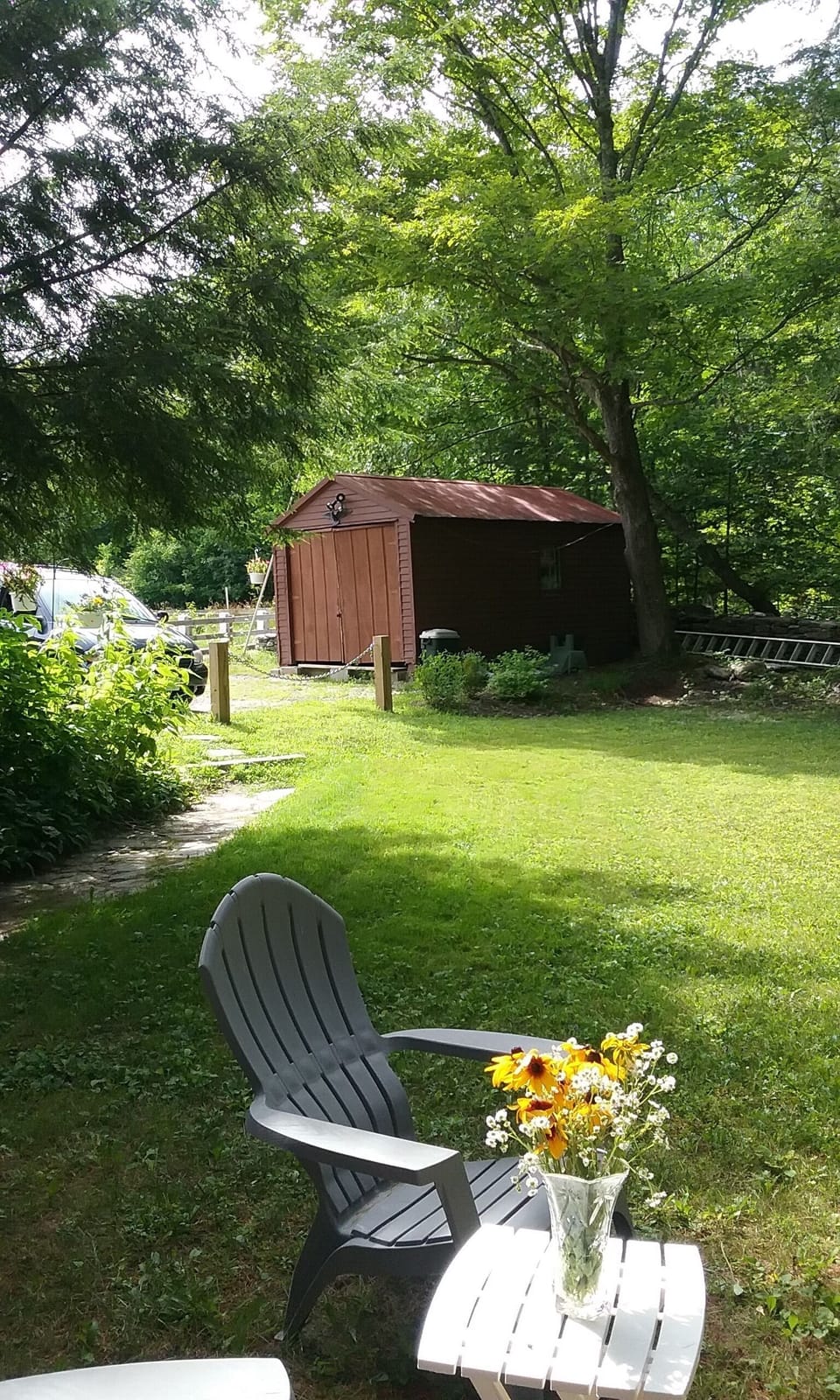 Front Lawn, shed and parking area.