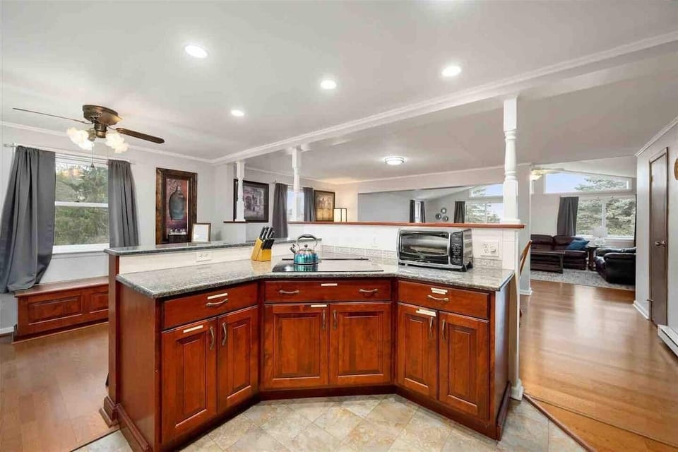 Kitchen with electric cooktop and all the cookware for cooking meals at home