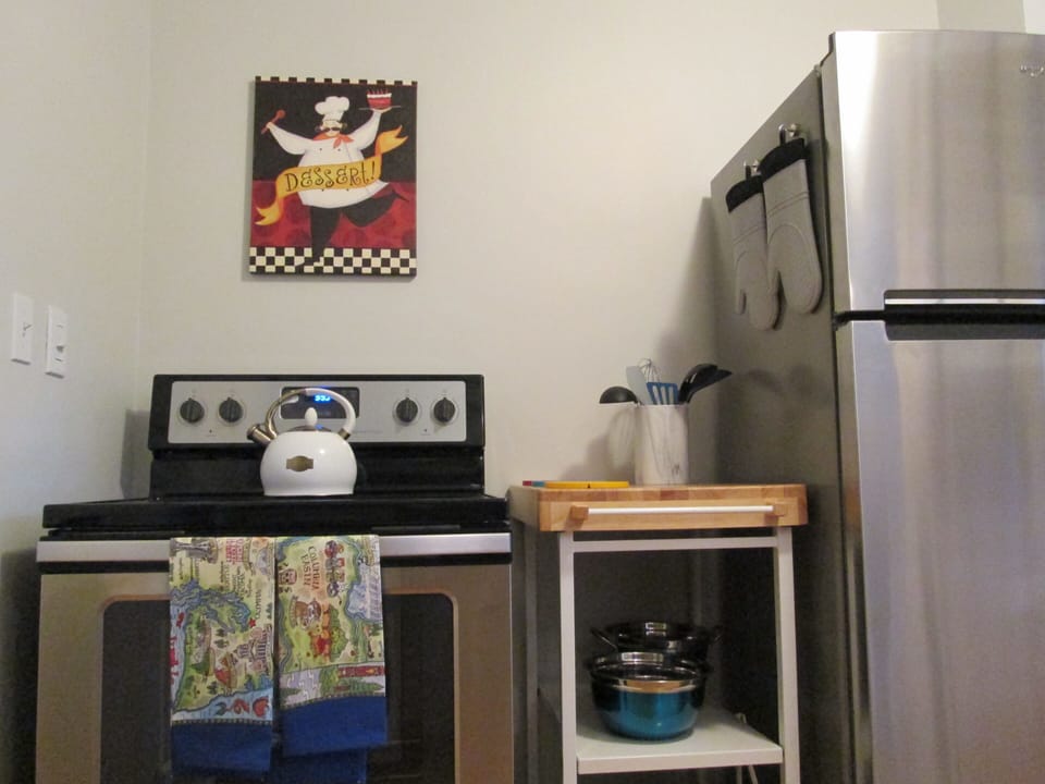 Kitchen has a brand new stove and a brand new refrigerator.