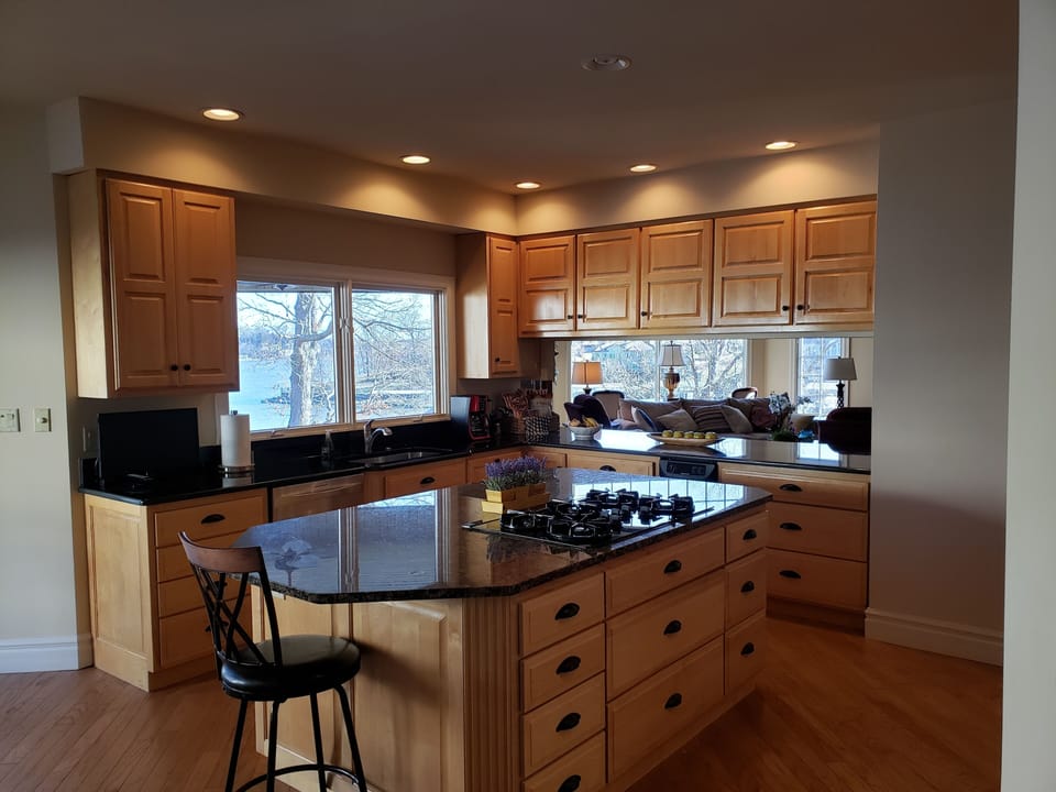 Large island to cook at with a great view of lake.