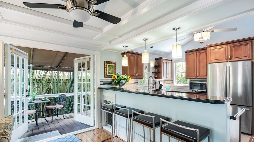 French doors lead out to the breakfast nook.