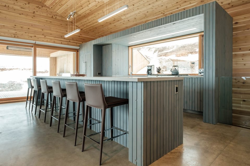 Chef's kitchen with high-end appliances and huge island that doubles as bar