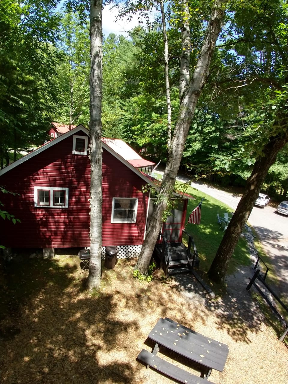 Cottage #4 picnic and grilling space. View from top of Cottage #5
