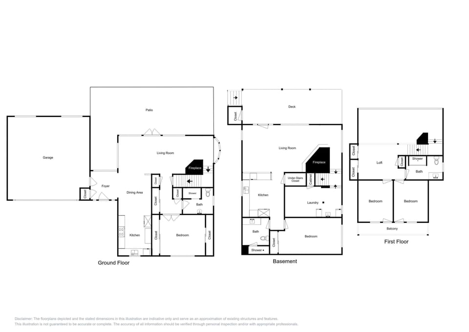 Detailed floor plan showing three levels with bedrooms, bathrooms, kitchen, living rooms, and outdoor deck and balcony areas.
