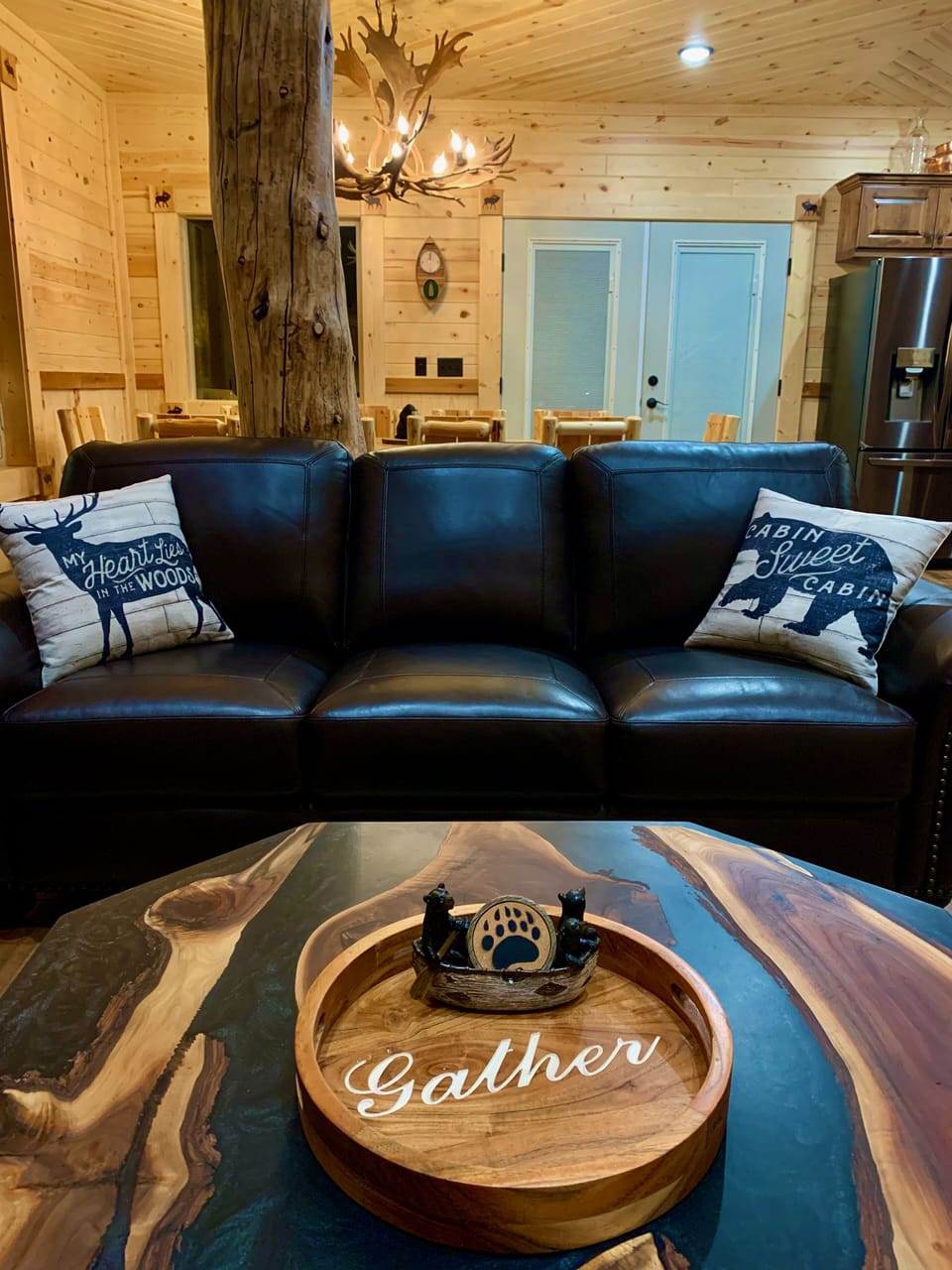 Living room with space for family and friends after exploring Yellowstone.