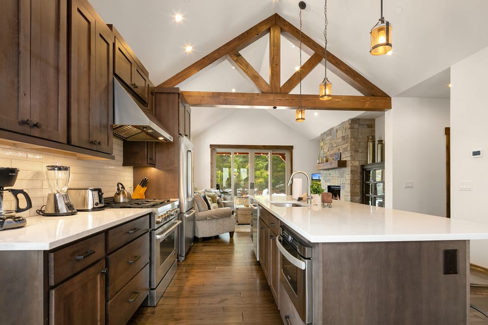 Pine Breeze: - Fully stocked kitchen with a large center island.