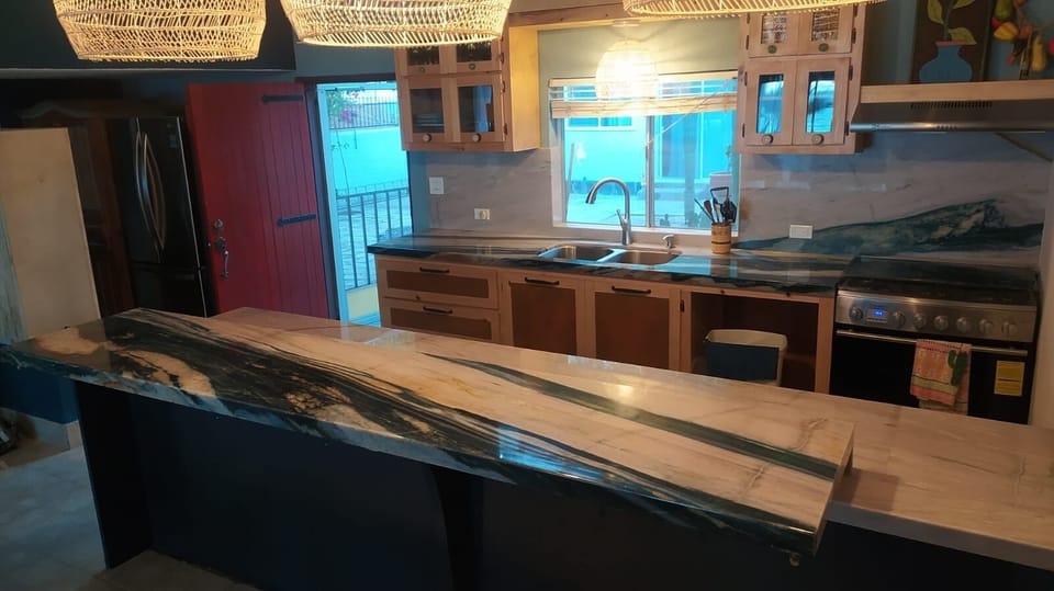 Our new kitchen with new appliances and stone countertops.