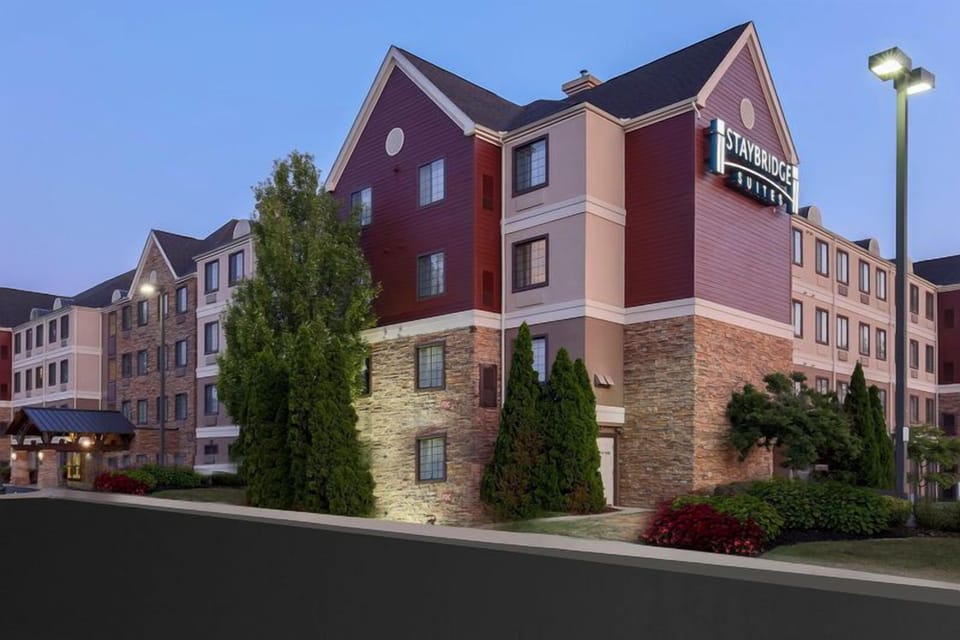 Hotel exterior photographed at dusk