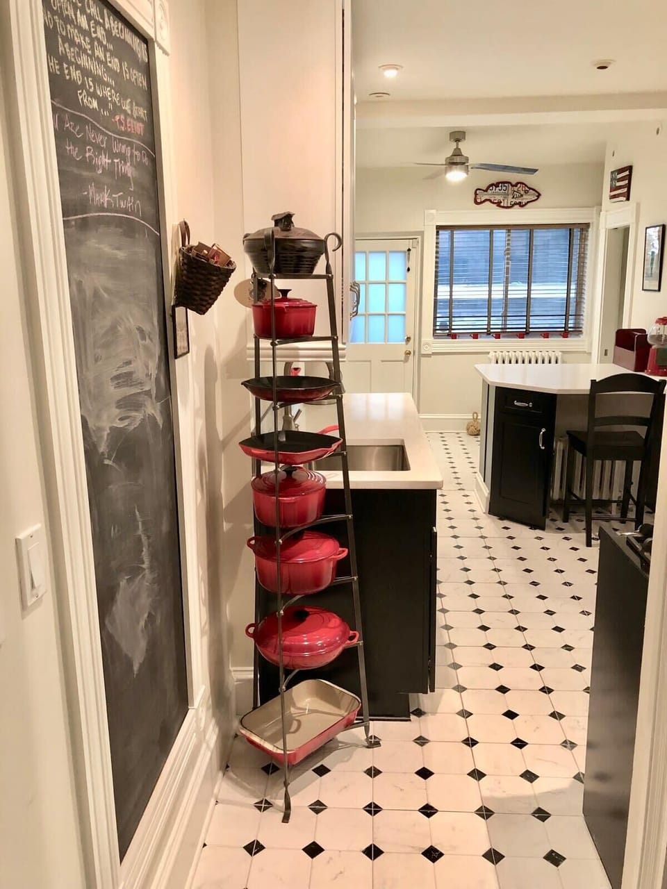 Chalkboard wall is a fun feature for recipe sharing and grocery lists 