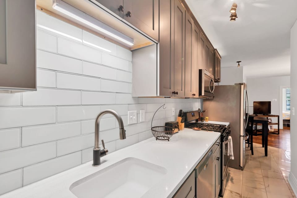 Full kitchen with new stainless steel appliances for all of your cooking.