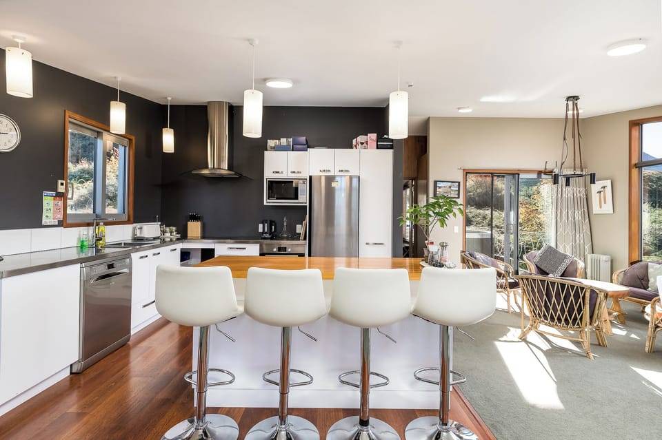 Kitchen island with bar stools for casual dining.