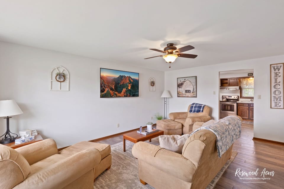 Cozy living room with a 65" Smart TV