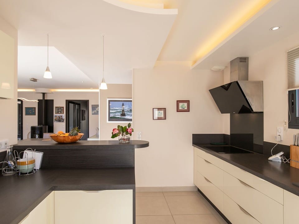 Furniture, Kitchen, Interior Design, Countertop, Cabinetry, Flooring, Light Fixture, Wall, Kitchen Appliance, Ceiling