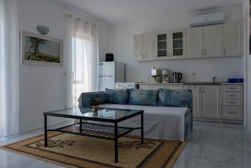 Living room with sofa bed, kitchen and dining area.