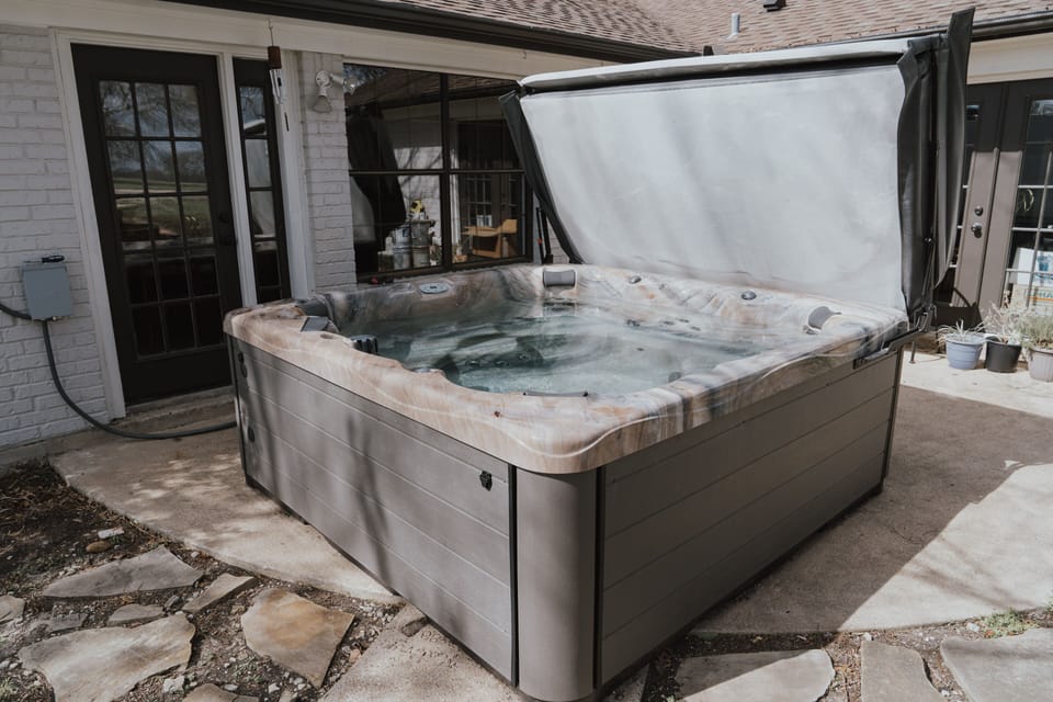 Hot tub is always hot and ready for use, just steps away from the mater bedroom