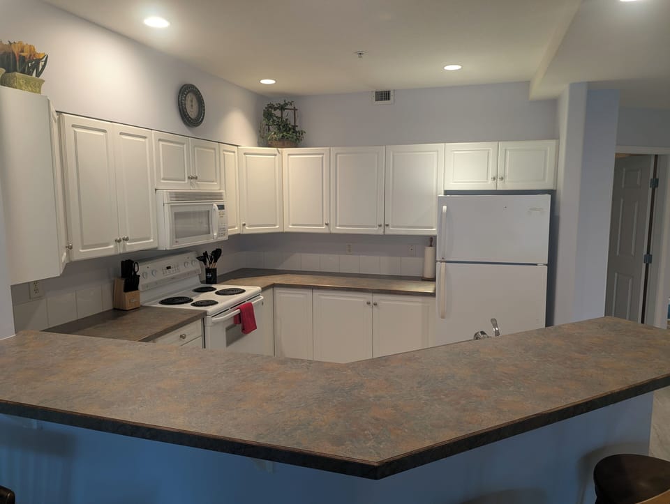 This kitchen has a full sized fridge, dishwasher, microwave, and stove.
