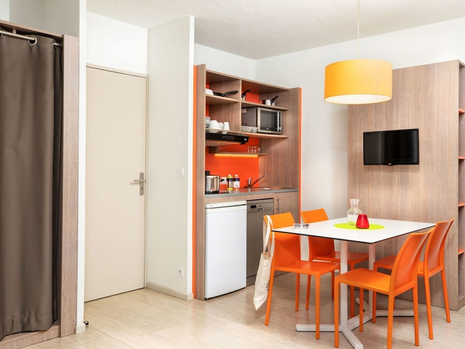 Furniture, Table, Cabinetry, Shelf, Wood, Chair, Orange, Shelving, Interior Design, Countertop
