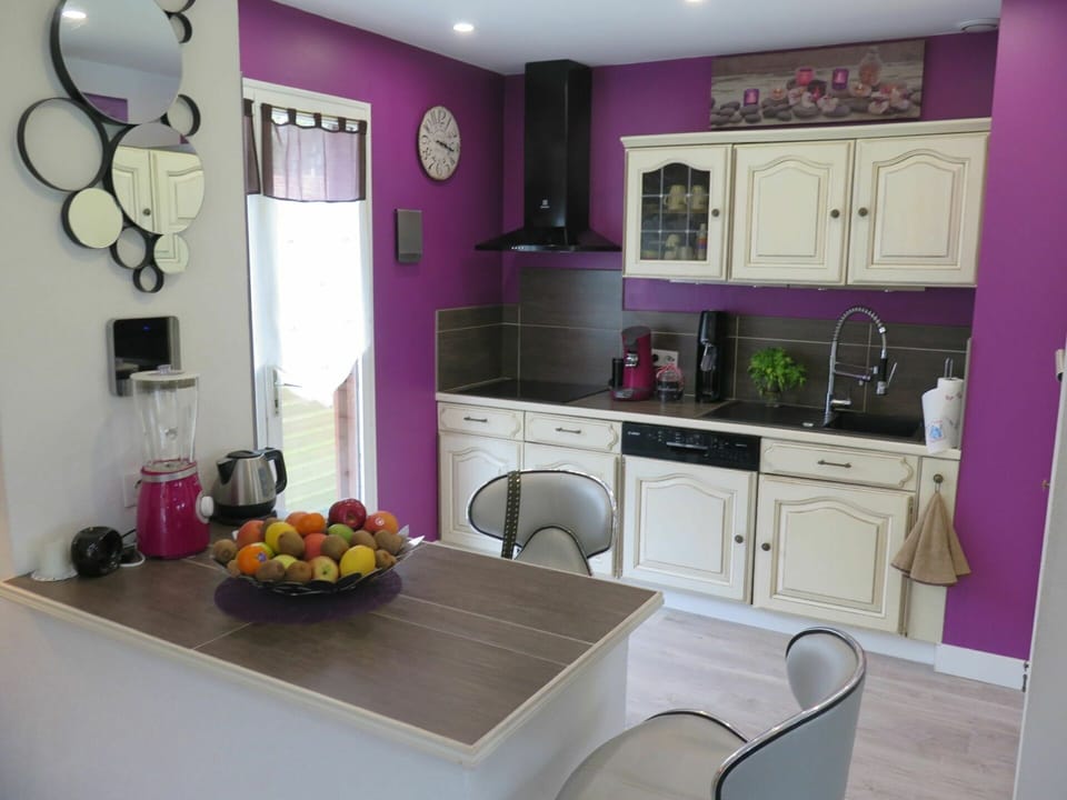 Countertop, Cabinetry, Property, Furniture, Sink, Purple, Kitchen, Interior Design, Lighting, Chair