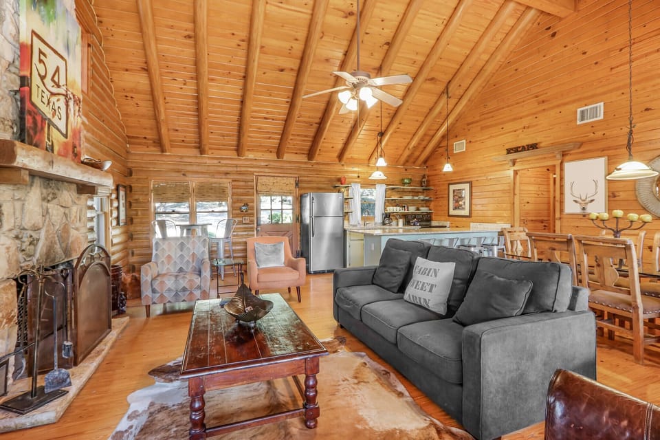 View of the living room looking at the entrance to the cabin