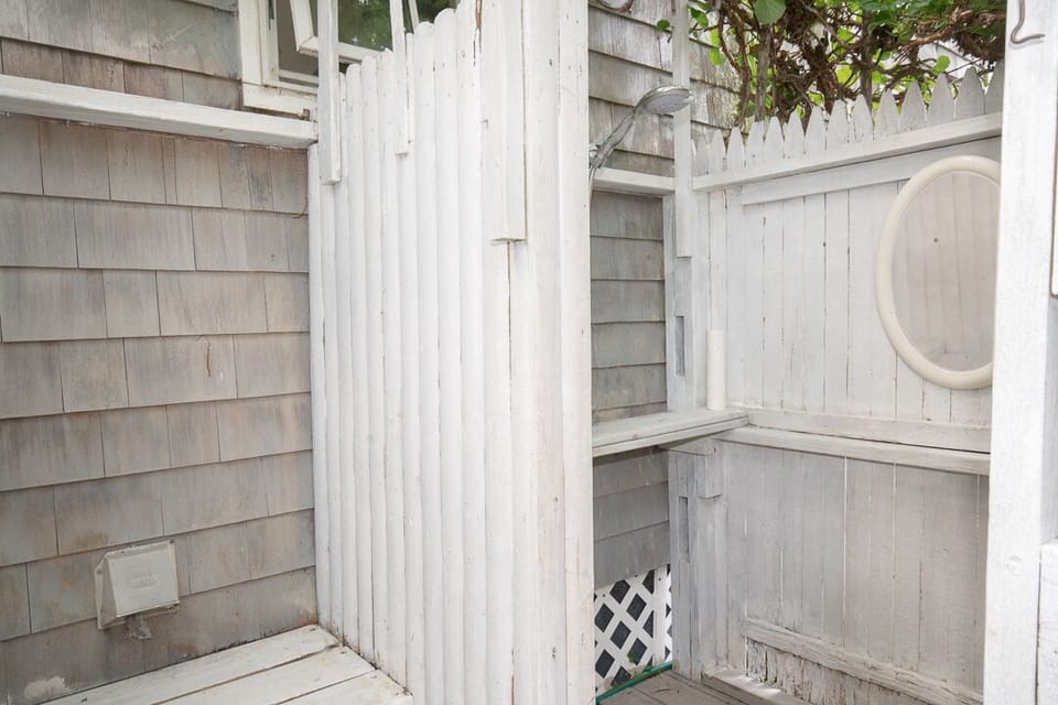 Inside outdoor shower with dressing room