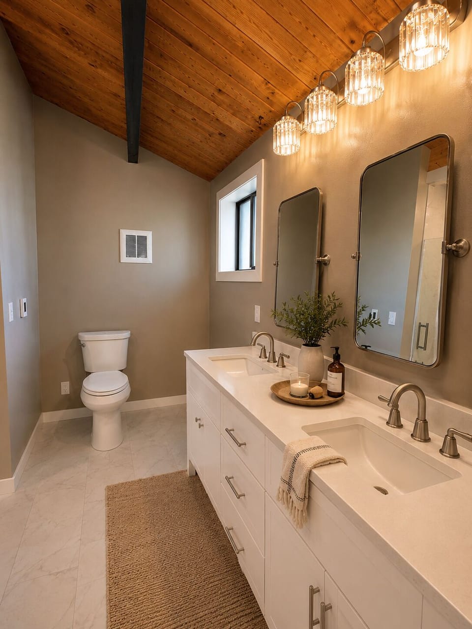 Master bathroom with twin vanity sinks 