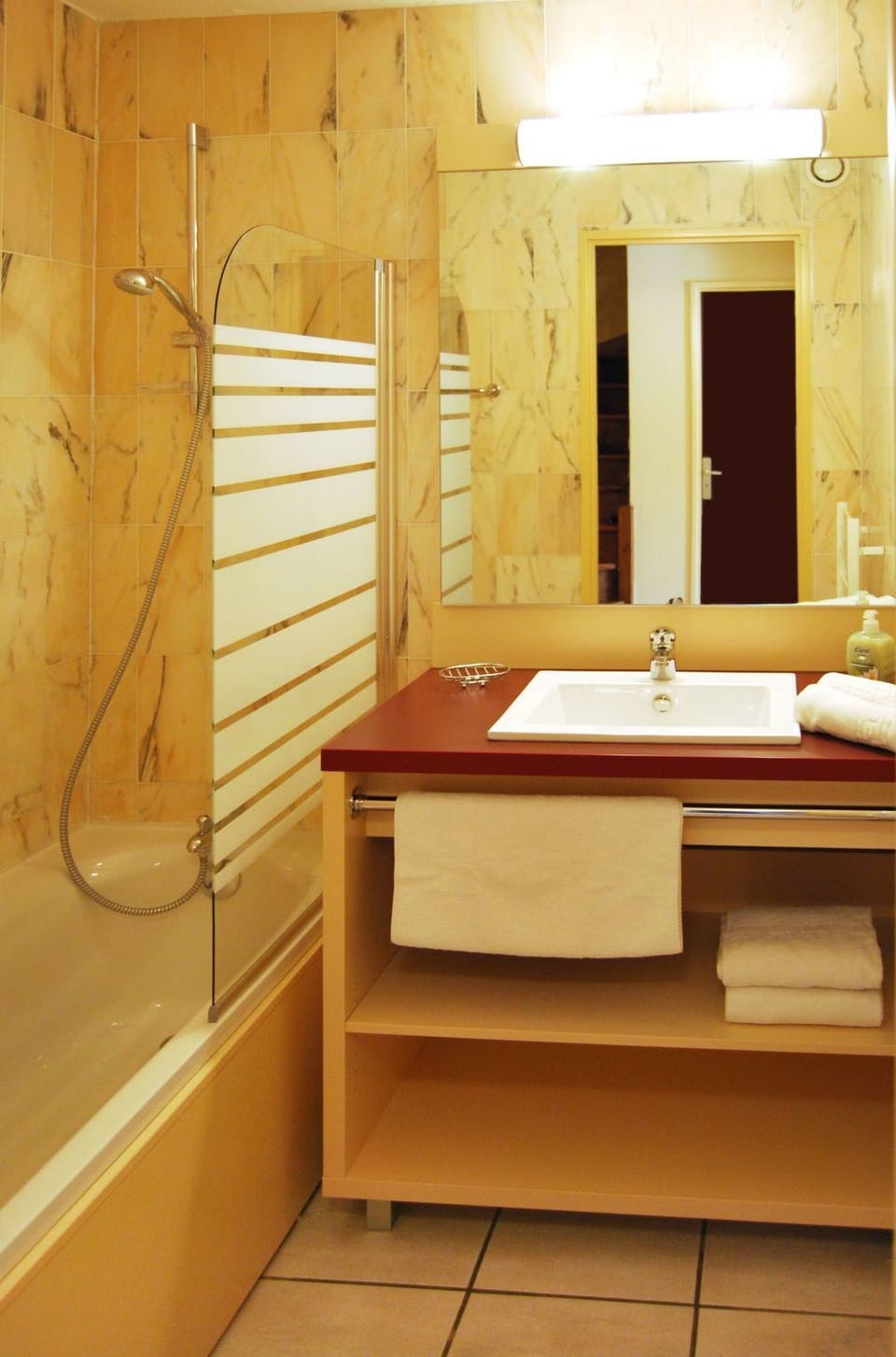 Bathroom, Room, Property, Interior Design, Yellow, Floor, Architecture, Sink, Tile, Building