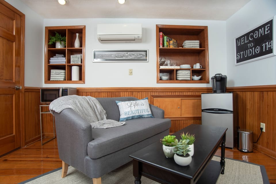 Studio stays climate controlled by a ductless unit with remote control.