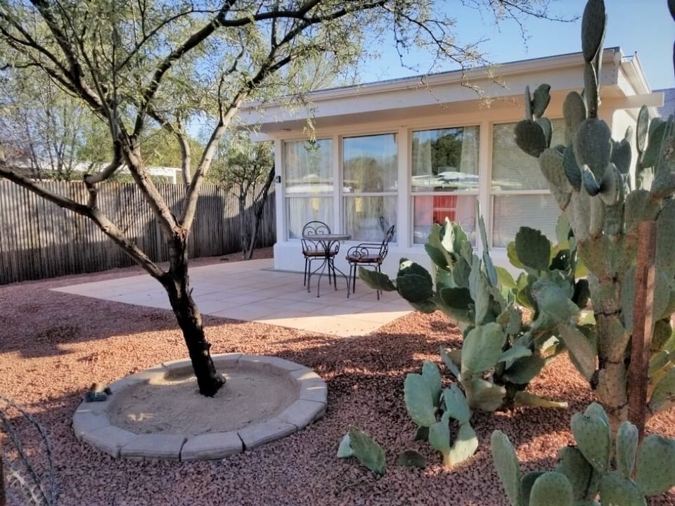 semi private patio for studio -small firepit, and chiminea