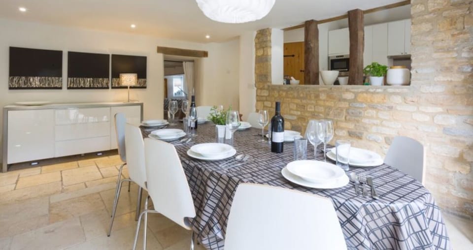 The dining table easily sits eight