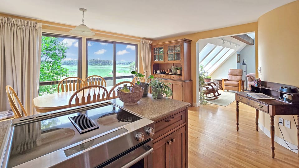 Kitchen is open and bright