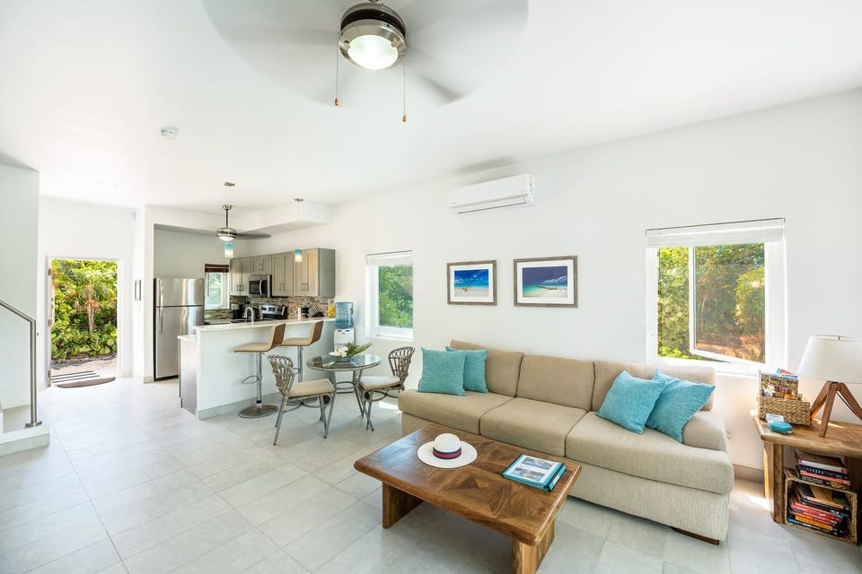 The lower floor living area and kitchen with breakfast bar. 60" smart TV