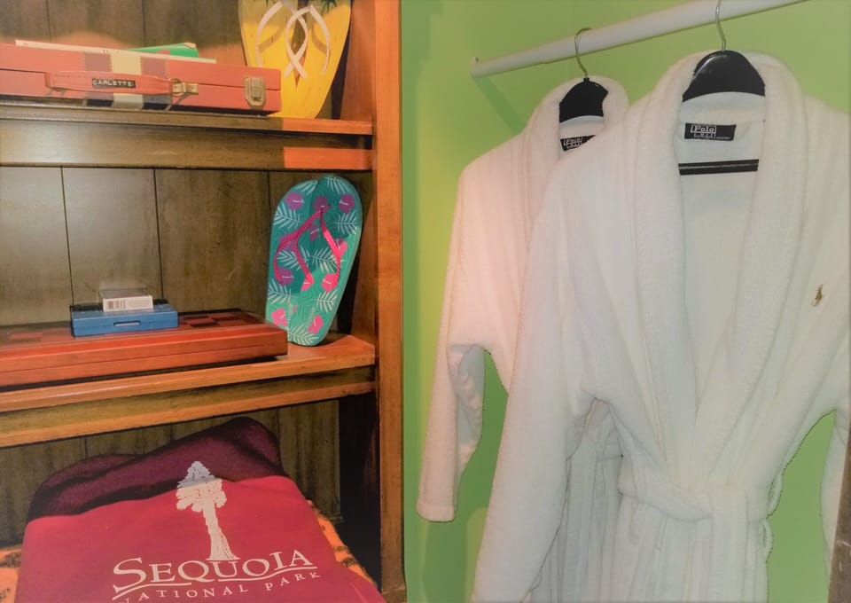 Closet with two robes, blankets, extra pillows, flip-flops and games.