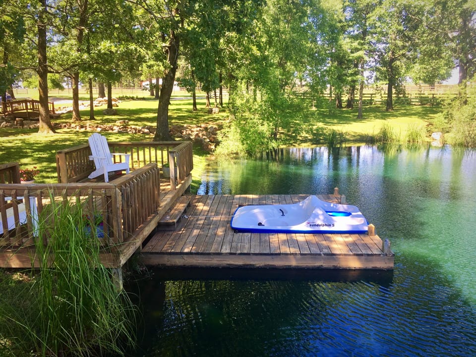 Pond area with dock, pedal boat, and paddle board.