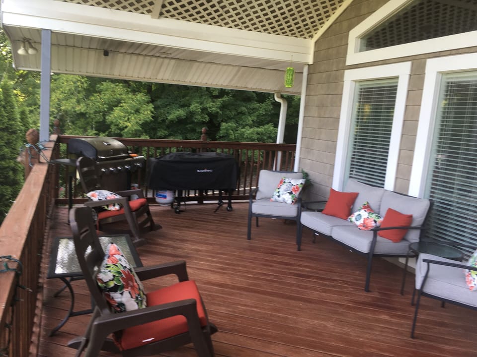 Enjoy conversation while grilling or griddling on Blackstone. 39 ft long deck.