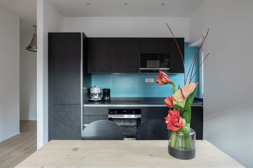 Modern kitchen with fridge, electric oven and stove, microwave, dishwasher.