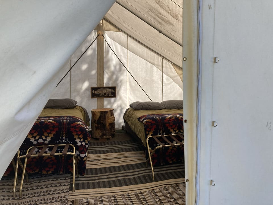 Inside one of the canvas tents.