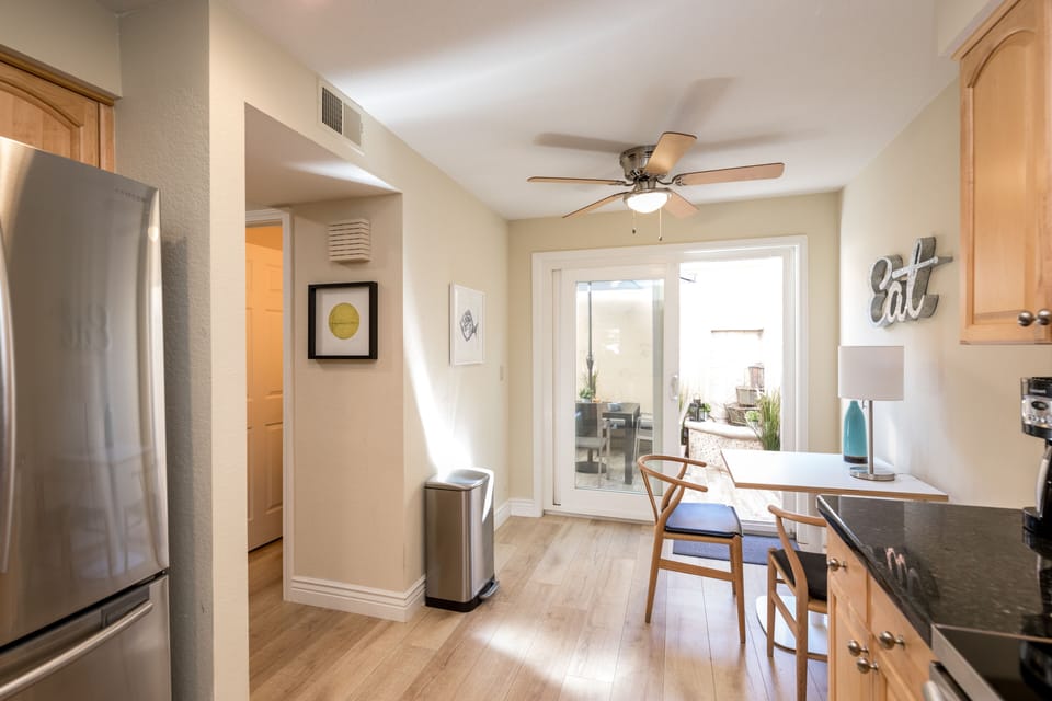 Looking out from the kitchenette to the rear patio. 